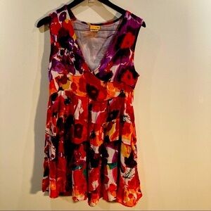 PRIYA Sz M Floral  Colourful Deep V-Neck Tiered Skirt Lined Bodice Dress